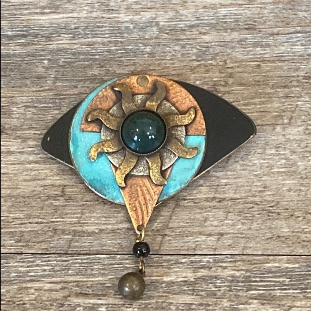 Vintage Artisan Sunburst Eye Brooch Turquoise Patina Mixed Metal Pendant Boho